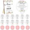 Wenqik 100 Pcs Wedding Fan for Guests and 1 Love is Hot Sign Wooden Wedding Table Sign Folding Hand Round Shaped Folding Fan with Plastic Handle and Storage Bag for Bridal Shower(Flower)