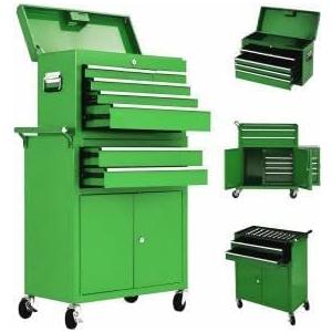 8 Drawer Tool Chest with Wheels, 2 in 1 Detachable Rolling Tool Box Cabinet, Locking Metal Tool Storage Organizer with Portable Top Chest for Garage Workshop, Green
