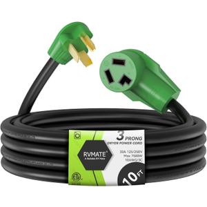 RVMATE 3 Prong Dryer Extension Cord 10 Feet, 30 Amp NEMA 10-30P to 10-30R 125V/250V Waterproof PVC Jacket, Perfect for Dryer Power Extension, ETL Listed
