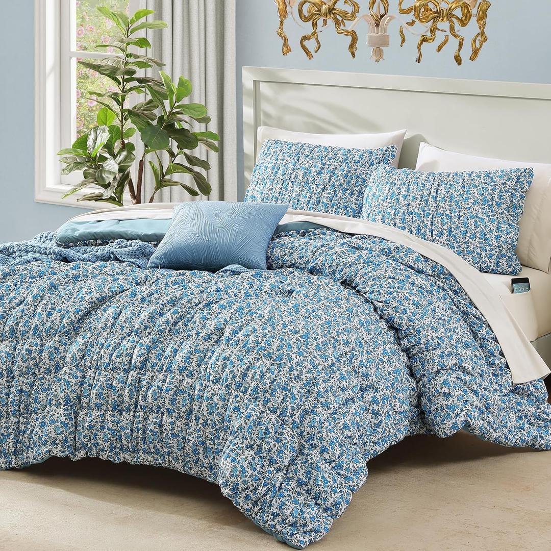 Queen Comforter Set - 7 Pieces Blue Classic Puff Floral Bedding Sets for All Seasons, Shabby Chic Farmhouse Bed in a Bag Queen with Wildflowers Fluffy Comforter, Sheets, Pillowcases & Shams