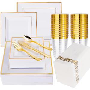 N9R 50 Guest Gold Dinnerware Set-100 White Square Plastic Plates with Gold Rim, 50 forks, 50 Spoons, 50 Knives, 50 Cups, 50 Napkins-Disposable Dinnerware Set for Wedding