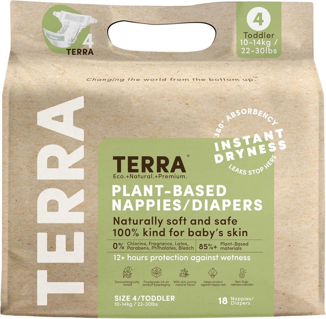 Terra Diapers Size 4: 85% Plant-Based Diapers, Ultra-Soft & Chemical-Free for Sensitive Skin, Superior Absorbency for Day or Nighttime Diapers, Designed for Toddlers 22-30 Pounds, 18 Count