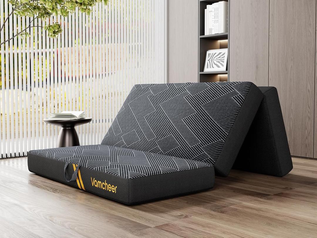 Vamcheer Tri Folding Mattress Twin Size - 6 Inch Foldable Mattress Portable Memory Foam Mat with Handle & Non-Slip Bottom, Washable Cover for Travel RV Camping Guest, 75"x38"x6", Grey