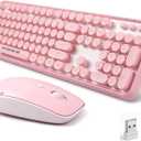 FOPETT Wireless Keyboard and Mouse Combo, 104 Keys FullSized 2.4 GHz Round Keycap Colorful Keyboards, USB Receiver Plug and Play, for Windows, Mac, PC, Laptop, Desktop (Pink)