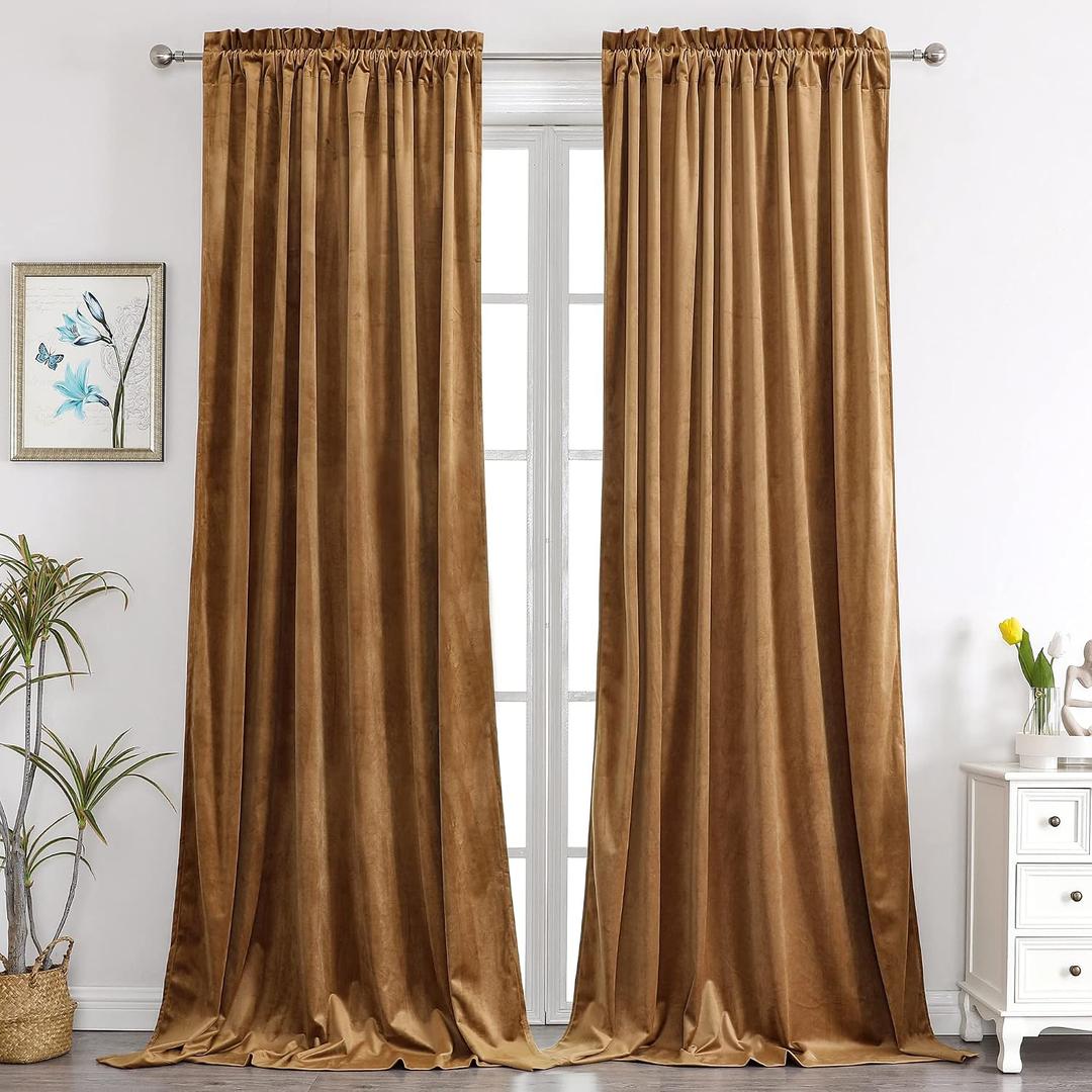 Benedeco Camel Velvet Curtains for Bedroom Window, Super Soft Luxury Drapes, Room Darkening Thermal Insulated Rod Pocket Curtain for Living Room, W52 by L96 inches, 2 Panels
