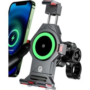 BRCOVAN Motorcycle Phone Mount with Qi 15W Wireless Charger & Vibration Dampener, Anti-Theft, Anti-Shake, Adjustable, Aluminum Alloy Motorcycle Handlebar Cellphone Holder for 4.7''-7.2'' Smartphones