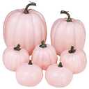 Winlyn 7 Pcs Assorted Sizes Fall Artificial Peach Pink Pumpkins Harvest Faux Foam Light Pink Pumpkins for Fall Autumn Season Halloween Thanksgiving Harvest Festive Tabletop Decoration