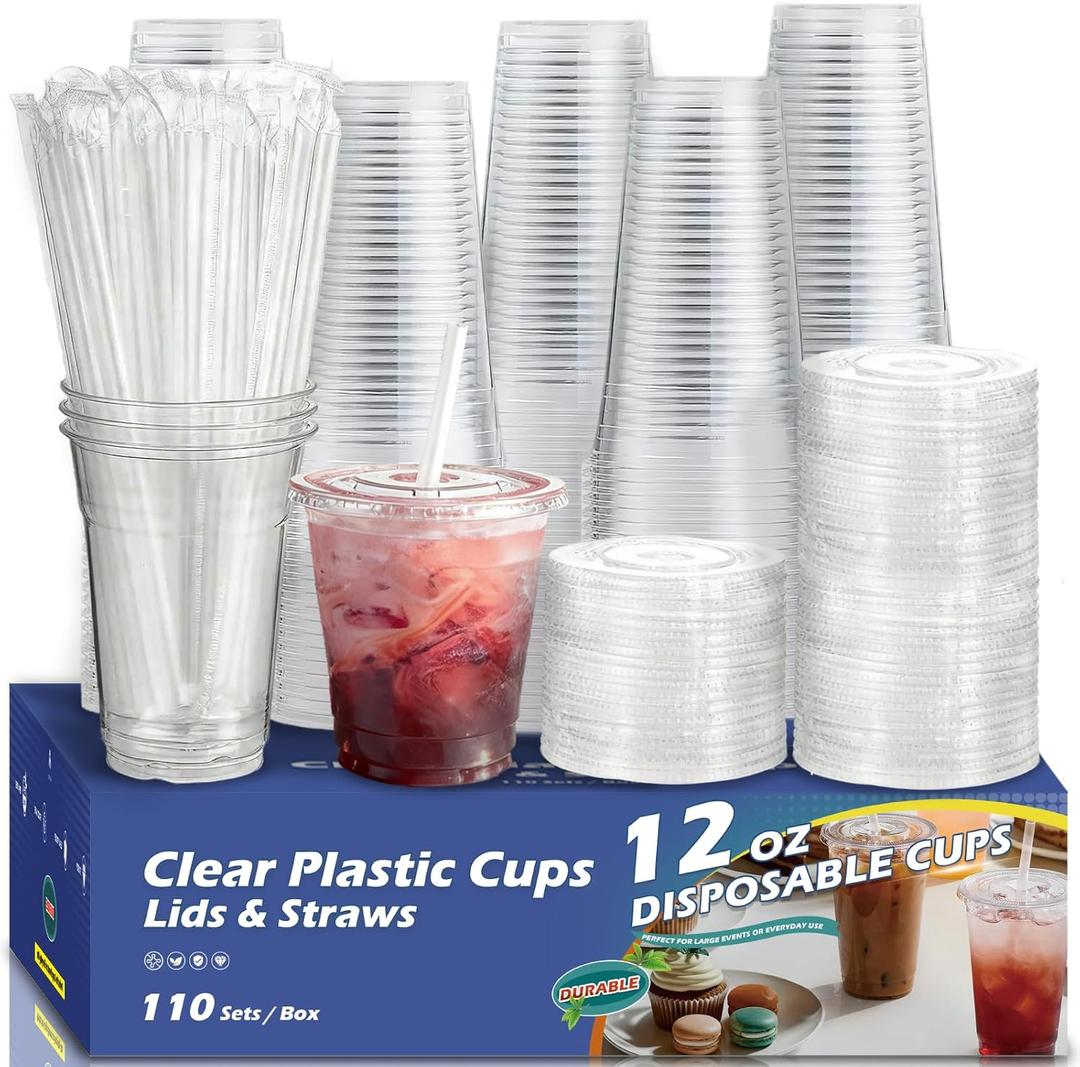 110 Pack 12 oz Clear Plastic Cups with Lids and Straws, Small Disposable Iced Coffee Cups To Go, BPA-Free Cold Drink Cups for Espresso, Juice, Kids Drinks