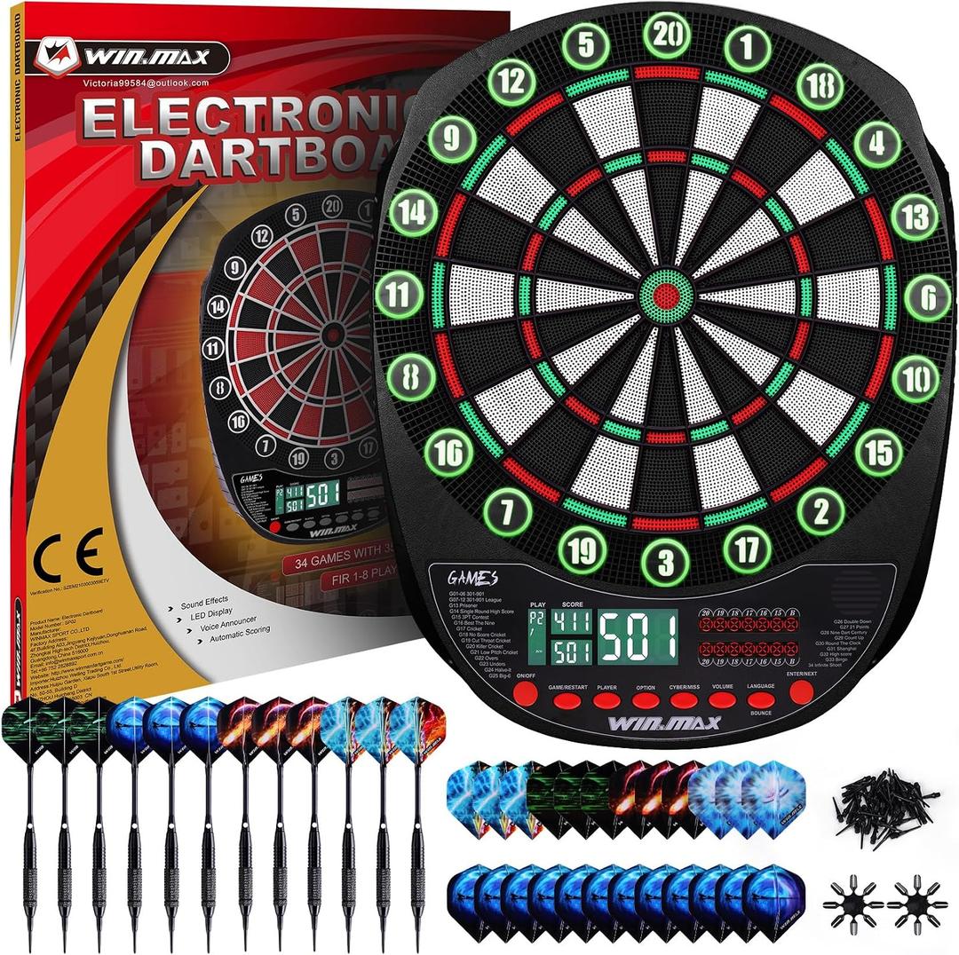 WIN.MAX Electronic Dart Board Soft Tip Dartboard Set LED Displays 3 Languages with 12 Darts 100 Tips Power Adapter