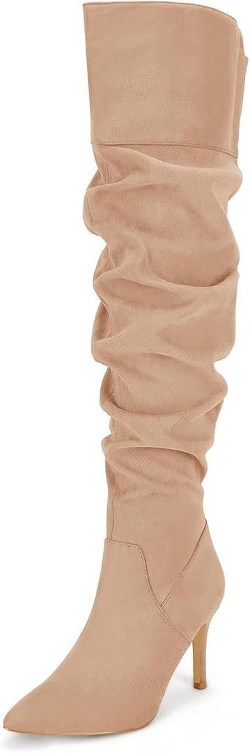 Coutgo Womens Over The Knee Boots Thigh High Pointed Toe Slouchy Stiletto High Heel Long Sexy Dress Fall Shoes (7.5, Khaki)