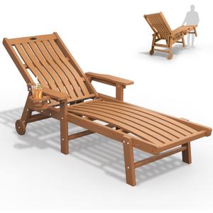 THOEOE Patio Chaise Lounge Chair, Oversized Lounge Chair Outdoor with 5 Positions, 78 Long, HDPE, Patio Lounge Chair with Wheels & Cup Holder for Pool, Deck, Poolside,Wood, Extended-1pcs