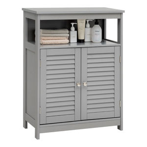 Wood Bathroom Storage Floor Cabinet with Double Shutter Door in Gray