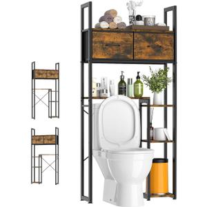 Luxspire Bathroom Over Toilet Storage, 5-Tier Over The Toilet Shelf with 2 Drawers & Adjustable Shelves, Freestanding Space Saver Above Toilet Storage for Bathroom, Brown + Black