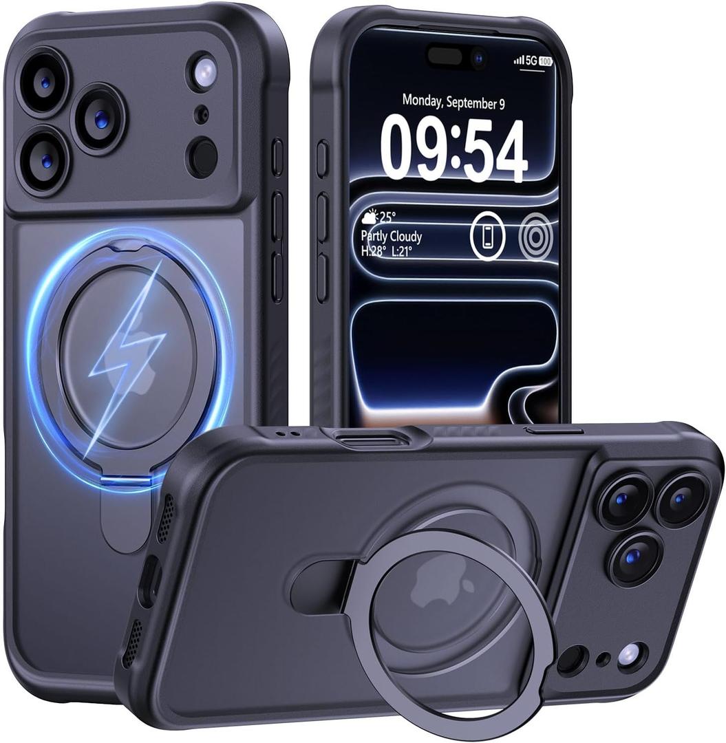 MOCCA Design for iPhone 17 Pro Max Case, Compatible with Magsafe [Premium Invisible Magnetic Ring Stand] [Military Drop Protection] Full Camera Guard Translucent Matte Slim Phone Cover 6.9",Black