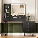 Large Vanity Desk with 3 Color Touch Screen Dimming Mirror, Vanity Desk with Charging Station, Modern Retractable Makeup Dressing Table, Makeup Table With storage shelves and 5 Sliding Drawers, Black