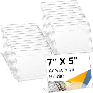 Vicenpal 24 Pcs 7x5 Inch Clear Acrylic Sign Holder Plastic L-shape Vertical Menu Stand, Picture Photo Frames, Table Paper Holder, Flyer Sign Display Stand for Restaurants, Store, Office, Wedding