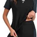 Halcurt Women's Two Piece Rash Guard Swim Shirts Built in Bra Swimsuit with Boyshorts with Pockets (Large, Black Grey)