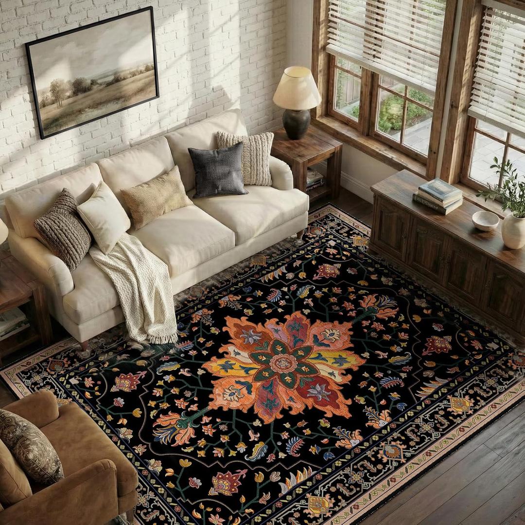 RELEANY Area Rugs 6'x9' Washable Non-Slip, Floral Vintage Distress Print Pattern Medallion Carpet for Living Room Bedroom Dining Room, Black Colorful Floral Dark Tan