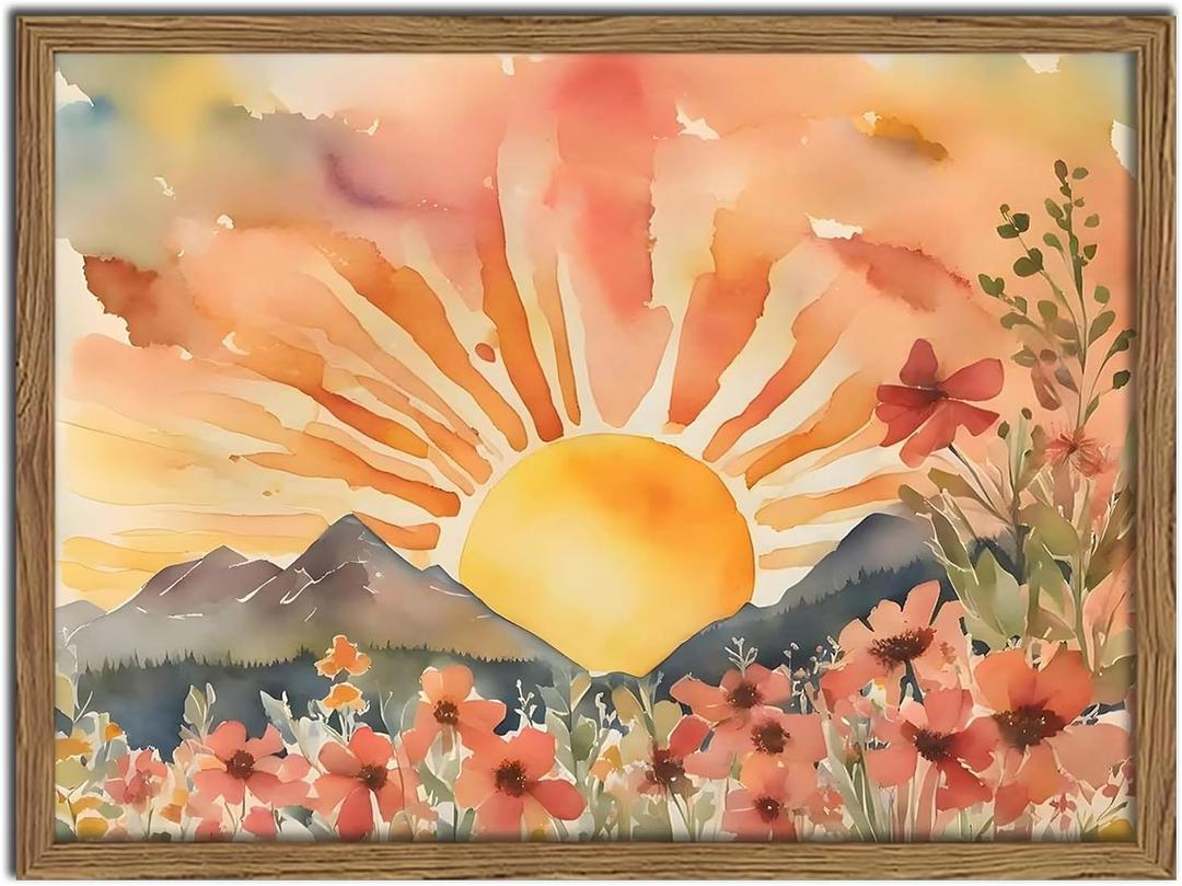 Framed Sunset Boho Wall Art for Living Room - Modern Abstract Floral Canvas Picture Boho Wall Decor, Sun Landscape Aesthetic Painting Poster Prints for Bedroom Home Office 10x8 Inch