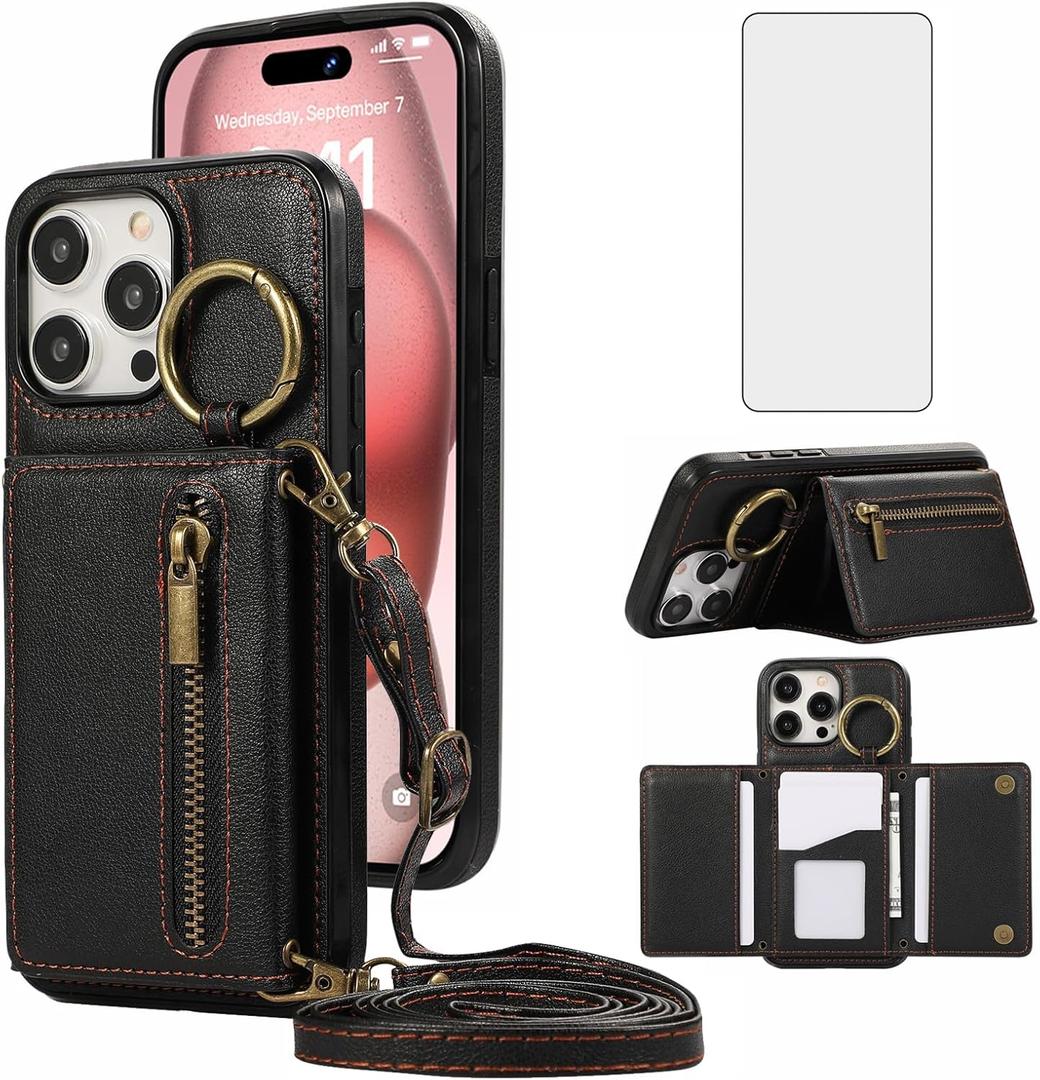 Compatible with iPhone 16 Pro 6.3 inch Wallet Case with Screen Protector and Crossbody Shoulder Strap Ring Buckle Stand Card Holder Cell Phone Cover for i Phone16 i16 16Pro Women Girls Men Black