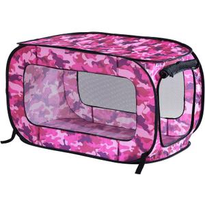 Beatrice Home Fashions Portable, Collapsible, Pop Up Kennel Travel Cat and Dog Crate, 40" L x 27" W x 27" H, Camo Pink