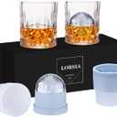 Whiskey Rocks Glass, Set of 4 (2 Crystal Bourbon Glasses, 2 Round Big Ice Ball Molds) In Gift Box - 10 Oz Old Fashioned Glasses for Scotch Cocktail Cognac,  Unique Gifts for Men