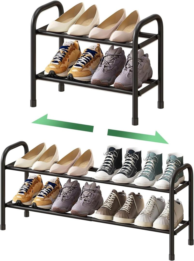 2-Tier Shoe Rack for Closet, Expandable Metal Shoe Organizer, Adjustable Shoe Shelf Storage Organizer, Standing Shoe Rack for Entryway Closet Doorway (Black)