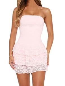 Women's Strapless Lace Mini Dress Tiered Ruffle Skirt Tube Top Dress Slim Fit Cocktail Party Homecoming Outfit (Light Pink, S)