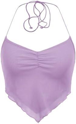 Floerns Women's Ruched Sleeveless Halter Neck Tie Back Hanky Hem Crop Cami Top Size M
