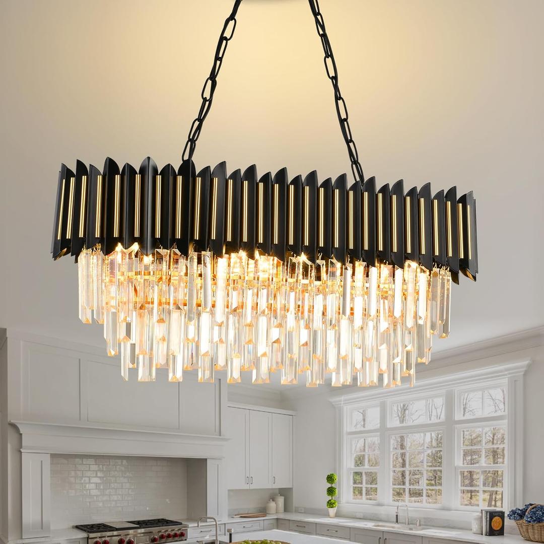 Modern Crystal Chandeliers for Dining Room 8-Light Black and Gold Chandelier Living Room Chandelier Oval Farmhouse Pendant Ceiling Hanging Light Fixture for Kitchen Island Bar Bedroom L32