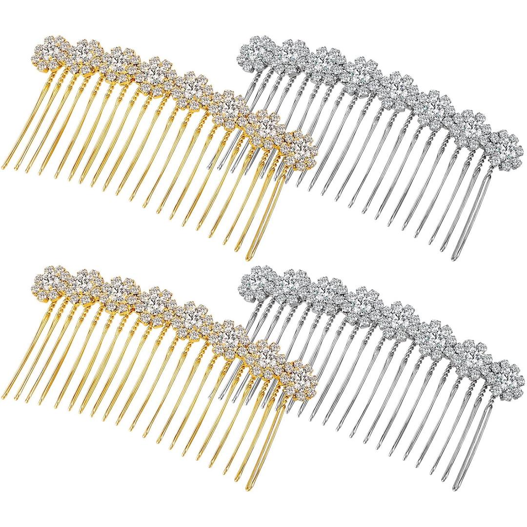 Geosar 4 Pieces Alloy Rhinestone Side Hair Combs Crystal Flower Clips Wedding Comb Bridal Jewelry Clips Combs French Hair Accessories for Women(Silver,Gold)