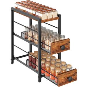 YATINEY Spice Rack, 3-Tier Pull Out Spice Rack Organizer for Countertop, Narrow Kitchen Countertop Storage Shelf with 2 Drawers, for Kitchen, Cafe, Rustic Brown and Black SR02BR