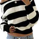 Verdusa Striped Off The Shoulder Sweater Oversized Sweaters Long Sleeve Y2K Loose Knitted Pullovers L