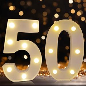 2 x Led Light Up Numbers, 50th Birthday Decorations, Marquee Numbers Lights, Battery Powered Light Up Sign for 50 Decor Party (White)