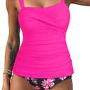 ZAFUL Tankini Swimsuits for Women Tummy Control Full Coverage High Waisted Twist Front Ruched 2 Piece Bathing Suit 0-Hot Pink XXL