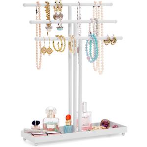 AUTODECO Jewelry Organizer Stand 3 Tier Tabletop Bracelet Rings Watches Necklace Display with Tray Great for Women White
