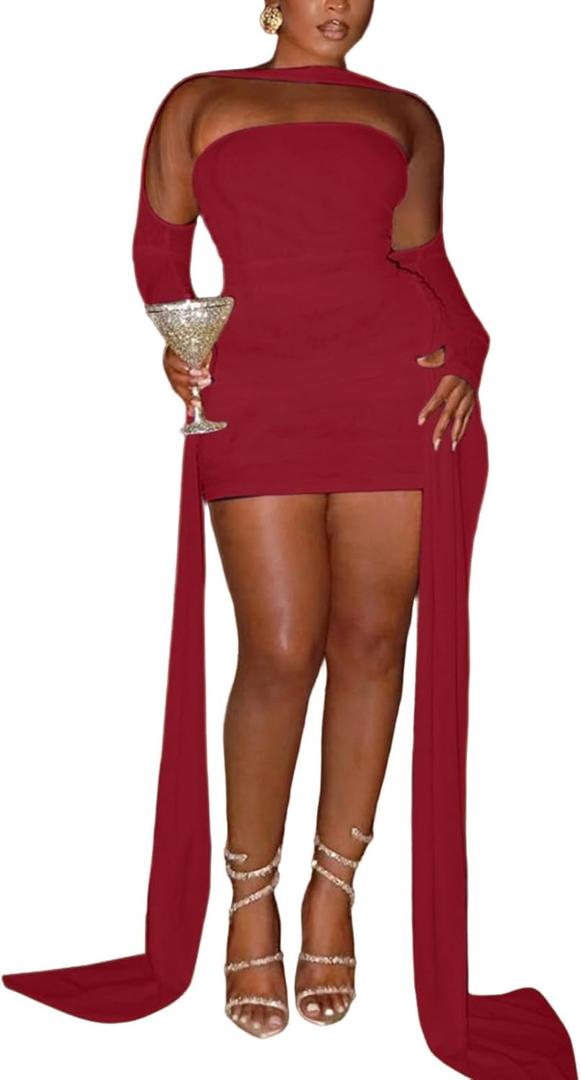 Women Sexy Strapless Tube Top Mesh Layered Mini Dress Bodycon Ruched Side Ribbons Bandage Dress Birthday Dresses (Red, M)
