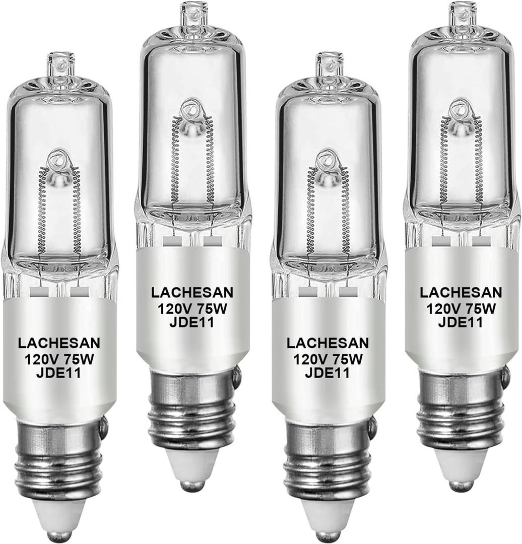 JDE11 120v 75w, 55mm E11 Halogen BulbReplacement E11 Led Bulb T4 Mini Candelabra Base, 2700K Warm White Dimmable for Chandeliers, Ceiling Fan, Table Lamps, Cabinet Lighting, 4 Pack