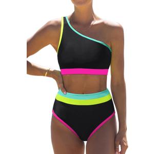 popvil Women's One Shoulder Swimsuit : Neon 2 Piece High Waisted Bikini Sets Cute 2026 Color Block Bathing Suit (S)