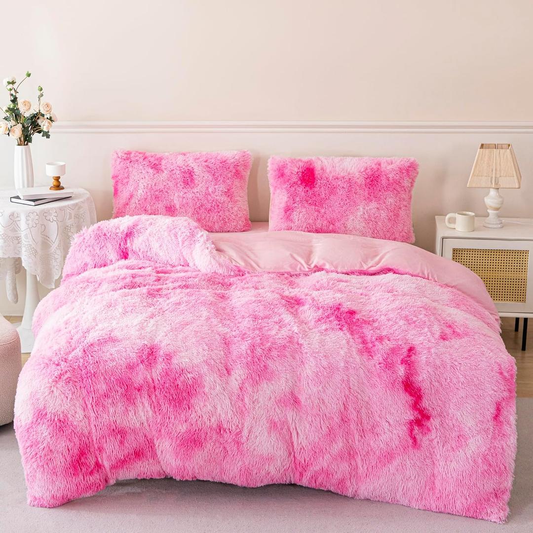 RYNGHIPY Plush Shaggy Bedding Set for Kids Girls Faux Fur Fluffy Velvet Duvet Cover Set Pink Tie Dye Gilrs Bed Set Furry and Soft (Tie Dye Pink,Queen)