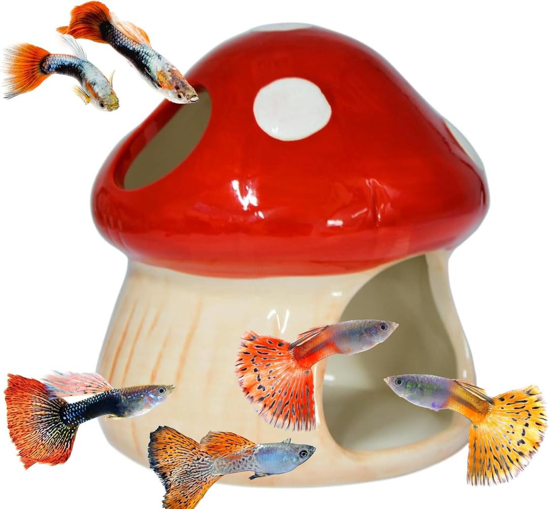 Aquarium Decor Mushroom House Ornament, Betta Fish Tank Accessories Landscape Decoration Small Shrimp Goldfishes Habitat Hut Pleco Smalland Breeding Hide Caves Toad House - Red