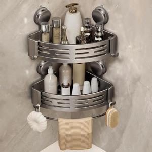 VOLPONE Corner Shower Caddy Suction Cup Shower Shelf Corner No Drilling Bathroom Shower Organizer Storage Rack Adhesive with Towel Bar Hooks (2-Pack, Matte Gray)
