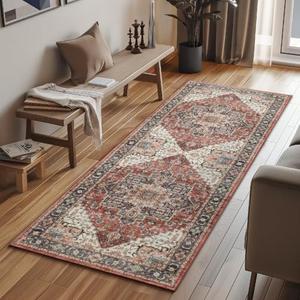jinchan Runner Rug 2x5 Washable Kitchen Hallway Runner Soft Thin Vintage Low Pile Non Slip Distressed Carpet Oriental Medallion Rug for Bathroom Bedroom Laundry Room Terra Red Multi