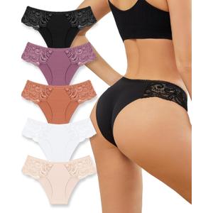 Sexy Underwear for Women Lace Silky Seamless No Show Undies Low Rise High cut Bikini Hipster Cheeky Panties 5 Pack (M)