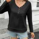 Tankaneo Womens V Neck Henley Shirts Casual Long Sleeve Flowy Tees Cute Loose Fit Tops with Pocket (Medium, Black)