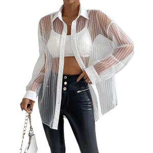 Milumia Women Sheer Button up Shirt Long Sleeve See Through Mesh Top Sexy Oversized Blouse (Large, White)