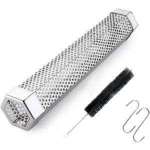 Pellet Smoker Tube for Grilling, 12 inches Premium Stainless Steel BBQ Wood Pellet Tube Smoker for Gas Charcoal Electric Grill or Smokers, Hexagonal with 2 S Shape Hooks and 1 Cleaning Brush