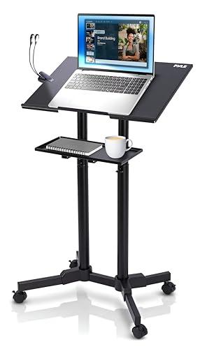 Pyle Lectern Podium Stand | Adjustable Height Top Shelf, Bottom Shelf, Locking Plastic Wheels, & LED Reading Light | Mobile Standing Desk for Classrooms & Presentations | Portable Rolling Table Design