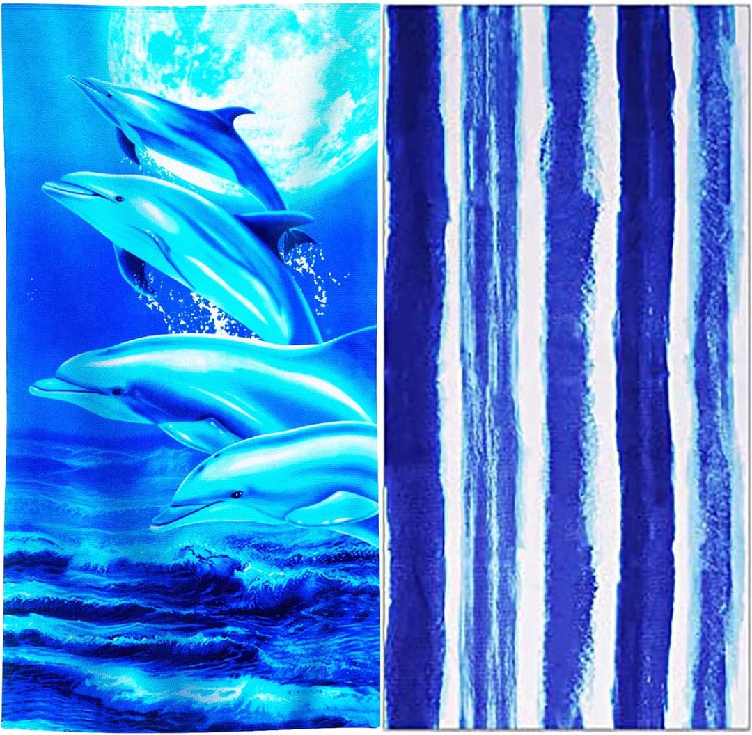 Genovega 2 Packs Oversized Beach Towel Set Extra Large Big XL Pool Camping Swim Clearance Towels 36x72 Soft Blanket Cruise Essentials Accessories Must Haves Vacation Necessities Adult Stripe Dolphins