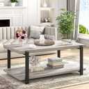 FOLUBAN Rustic Coffee Table, Modern Wood Center Table for Living Room, Industrial 2 Tier Rectangle Low Cocktail Tea Table with Storage Shelf, Light Grey, 42 inch